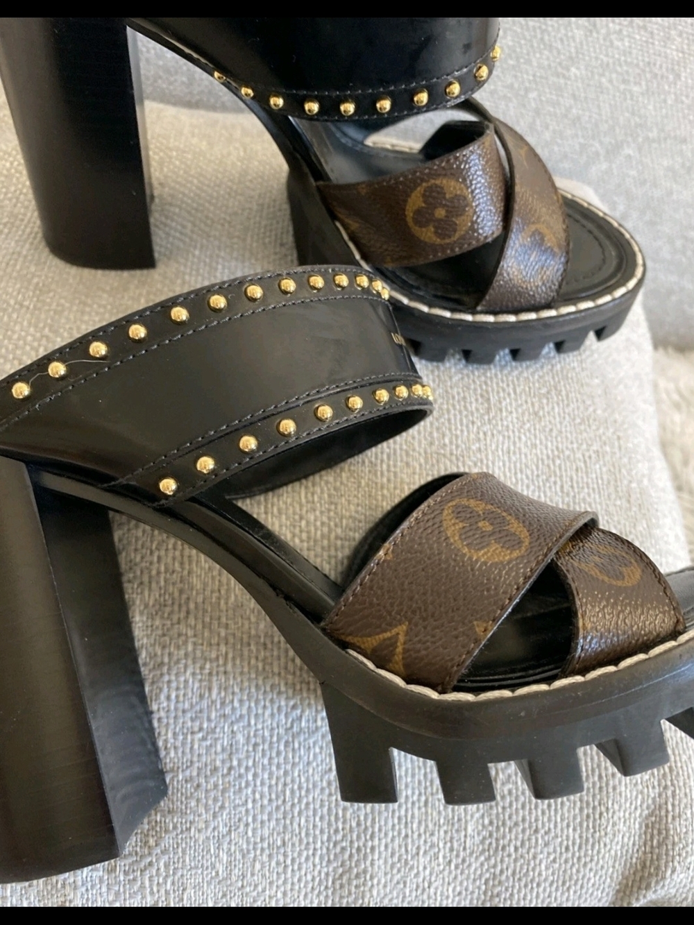 Louis Vuitton Black & Brown Monogram Studded Platform Sandals Eu 37.5 - Picture 7 of 13